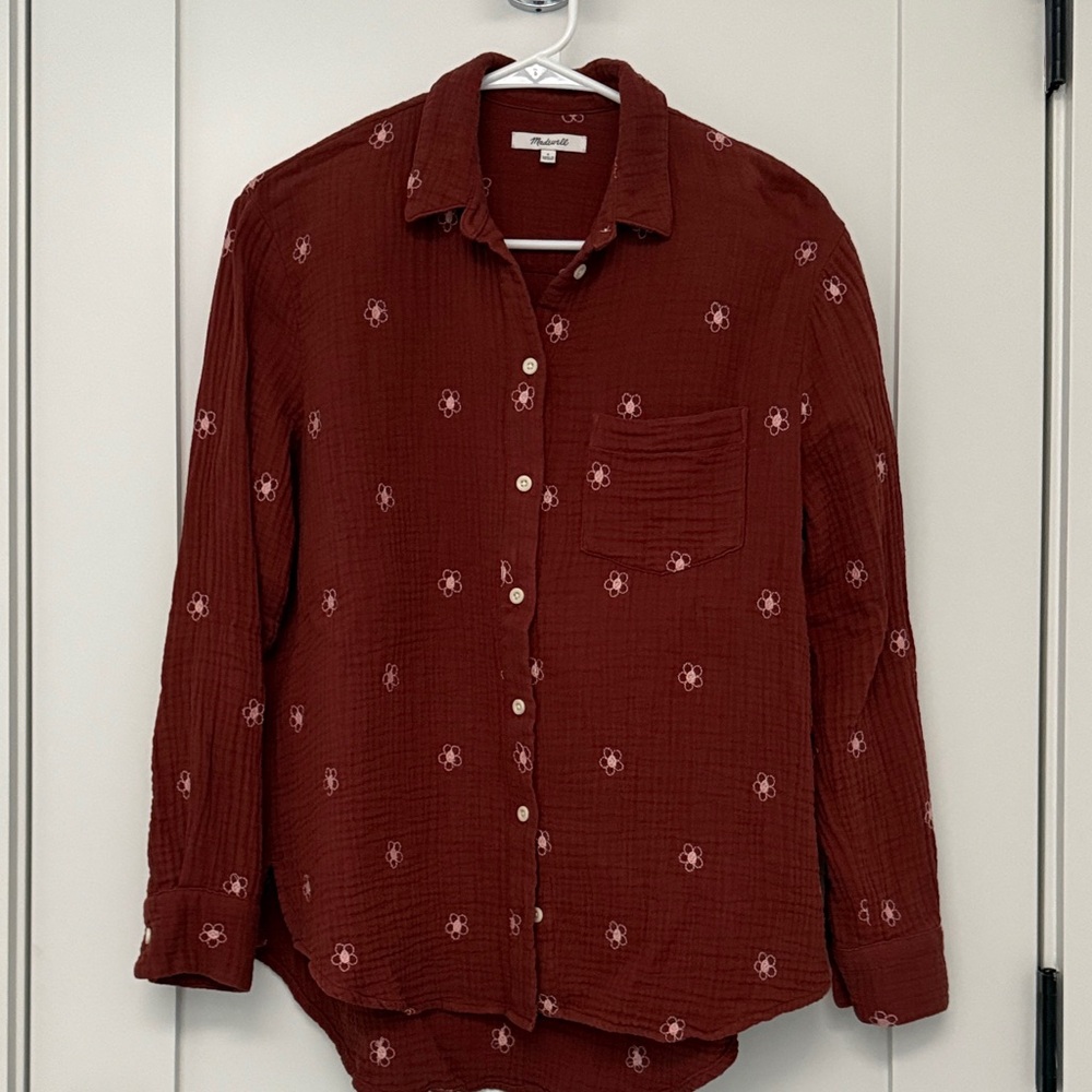 Madewell Maroon Button-Down Quilted Shirt with Floral Details